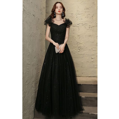 Short-Sleeve A-Line Mesh V-Neck Evening Gown