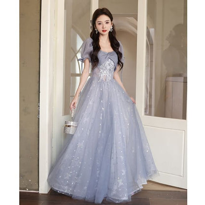 Puff Sleeve Sweetheart Neckline Mesh A-Line Evening Gown