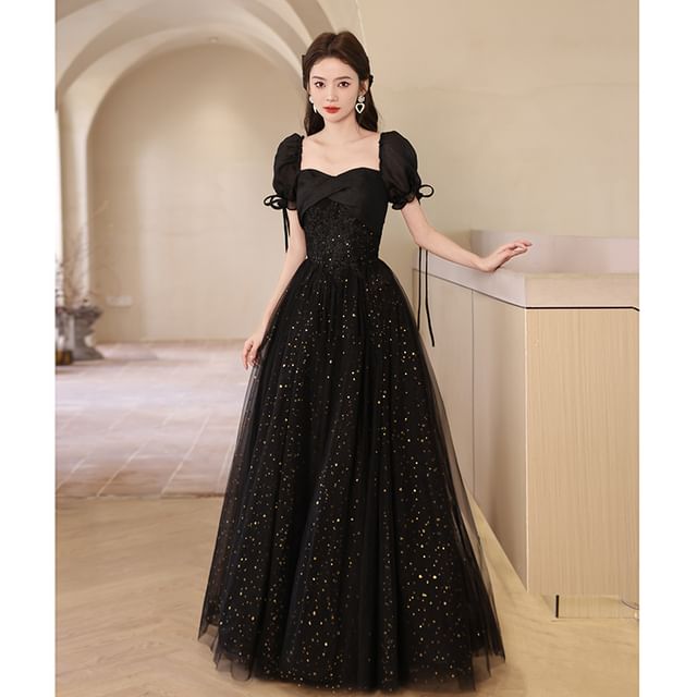 Puff Sleeve Sweetheart Neckline Mesh A-Line Evening Gown