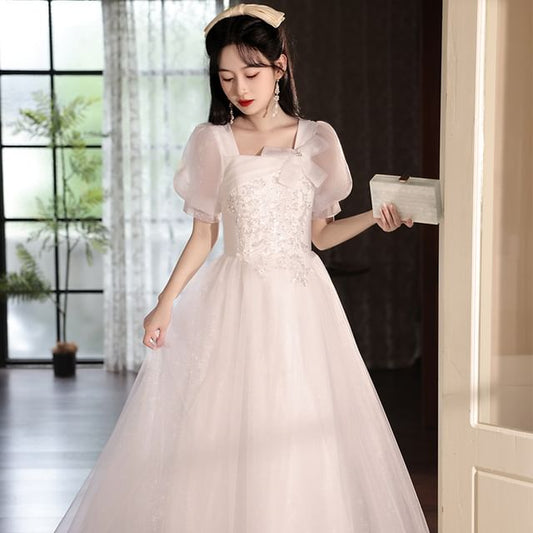 Puff-Sleeve Square Gown Neck A-Line Mesh Evening