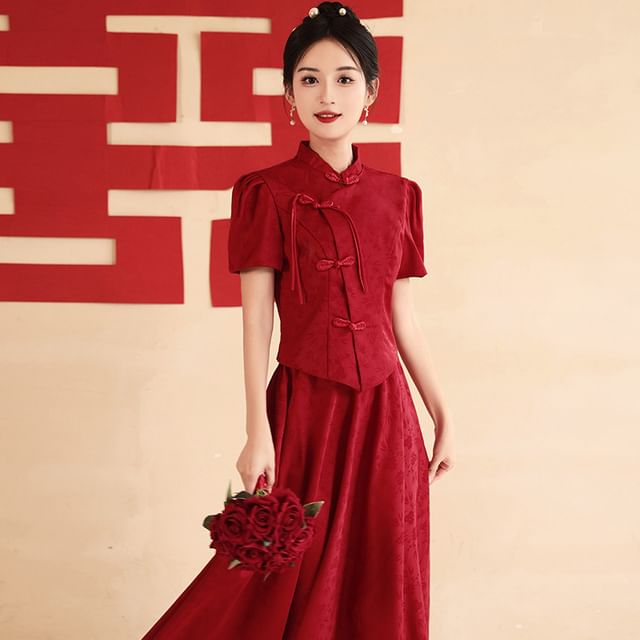 Mandarin Collar Jacquard Top and Midi Skirt Set