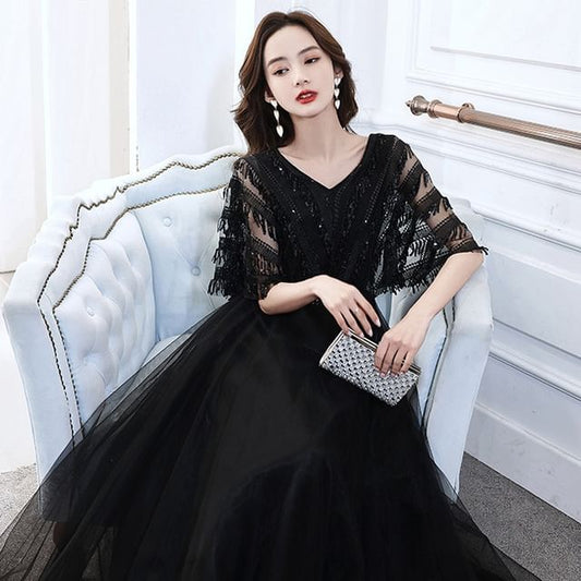 Elbow-Sleeve V-Neck Fringed Sequin A-Line Evening Gown