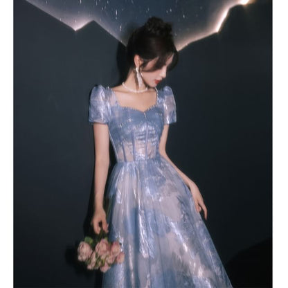 Evening A-Line Beaded Patterned Gown Short-Sleeve