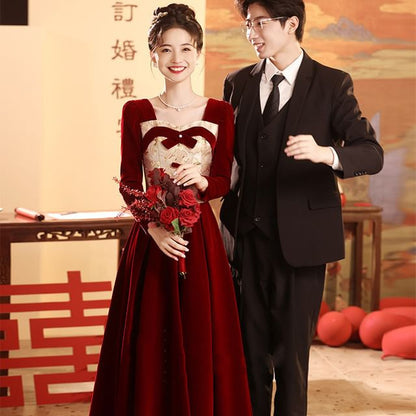 Bow Velvet Evening Gown A-Line Long-Sleeve