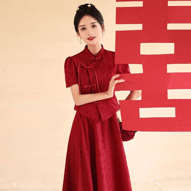 Mandarin Collar Jacquard Top and Midi Skirt Set
