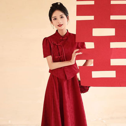 Mandarin Collar Jacquard Top and Midi Skirt Set