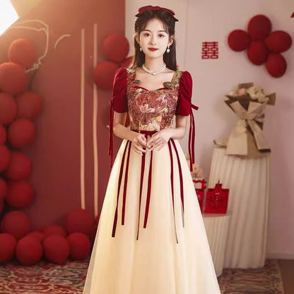 Evening Gown Floral A-Line Bow Short-Sleeve Mesh