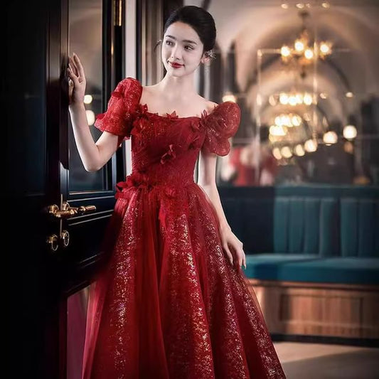 Sequin A-Line Evening Gown Short-Sleeve Accent Flower