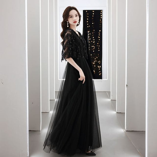 Elbow-Sleeve A-Line V-Neck Gown Sequin Fringed Evening