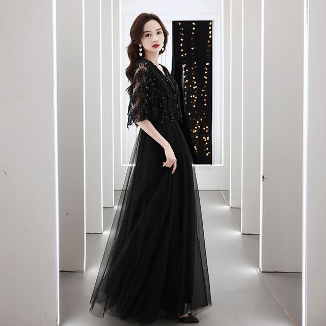 Elbow-Sleeve V-Neck Fringed Sequin A-Line Evening Gown