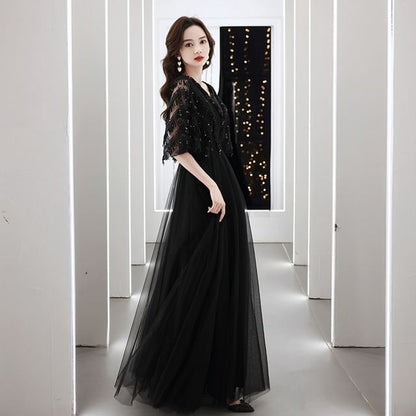 Elbow-Sleeve V-Neck Fringed Sequin A-Line Evening Gown