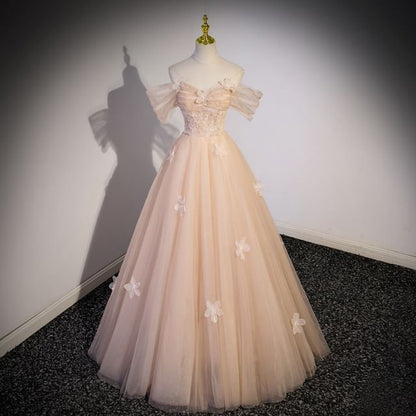 Off-Shoulder Flower Accent Mesh A-Line Evening Gown