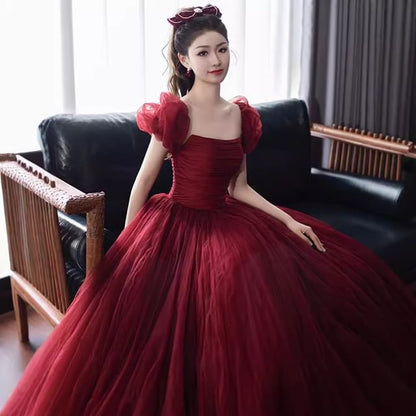 Ball Plain Neck Puff-Sleeve Back Gown Square Bow