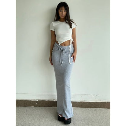 Drawstring-Waist Maxi Pencil Skirt