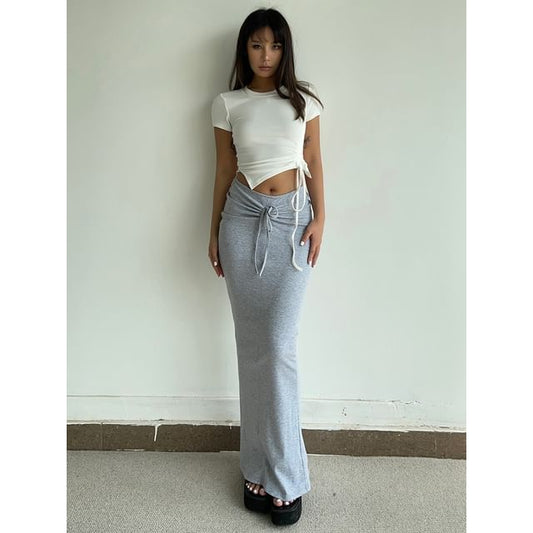 Drawstring-Waist Maxi Pencil Skirt