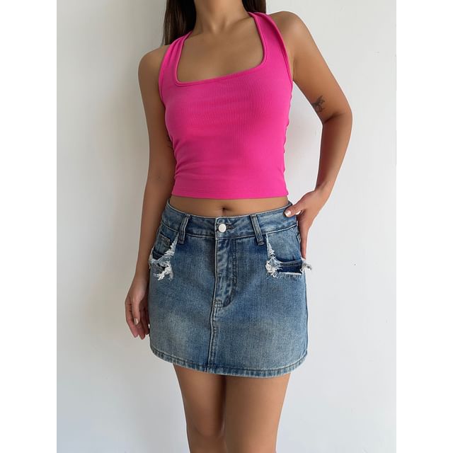 Distressed Low-Rise Denim Skirt