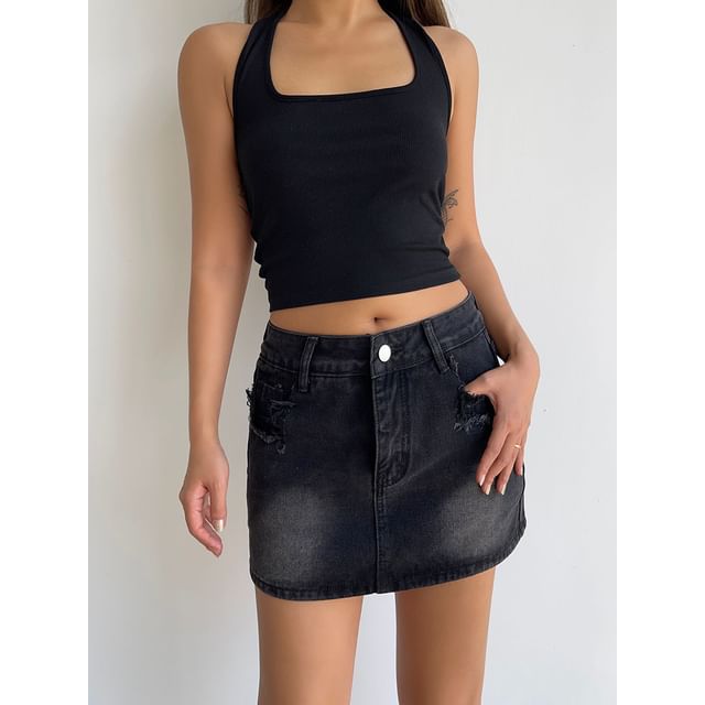 Distressed Low-Rise Denim Skirt
