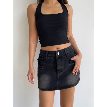 Distressed Low-Rise Denim Skirt