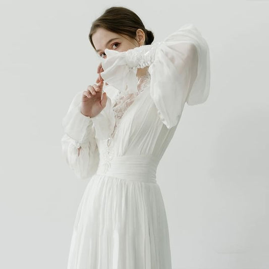 Long-Sleeve Mock Neck Plain Lace Panel Sequin Ruched A-Line Wedding Gown