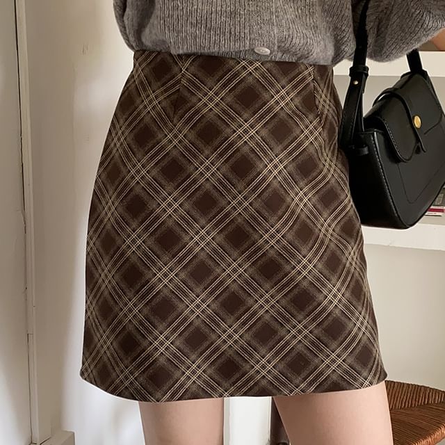 Plaid High-Rise Pencil Mini Skirt