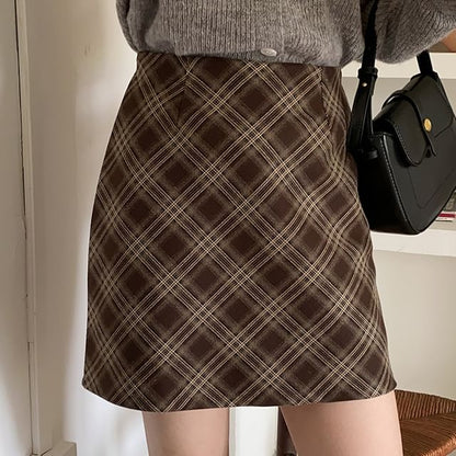 Plaid High-Rise Pencil Mini Skirt