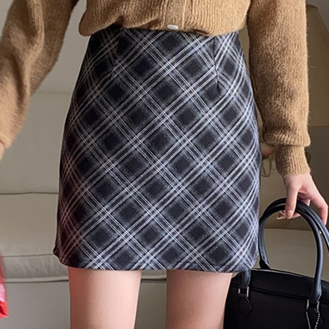 Plaid High-Rise Pencil Mini Skirt