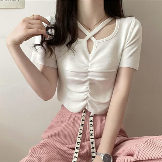Short-Sleeve Notch Neck Plain Criss Cross Ruched Knit Top