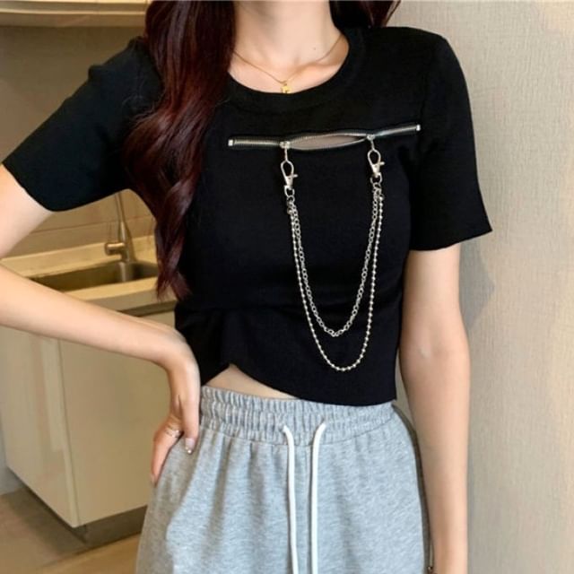 Short-Sleeve Crew Neck Plain Zip Chain T-Shirt