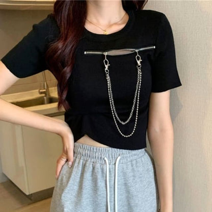 Short-Sleeve Crew Neck Plain Zip Chain T-Shirt