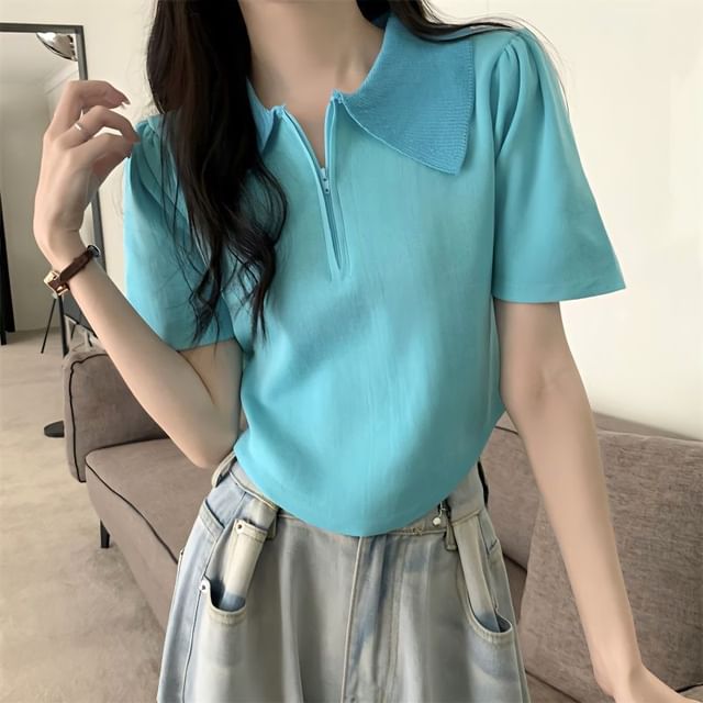 Short-Sleeve Collared Half Zip Knit Top