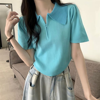 Short-Sleeve Collared Half Zip Knit Top