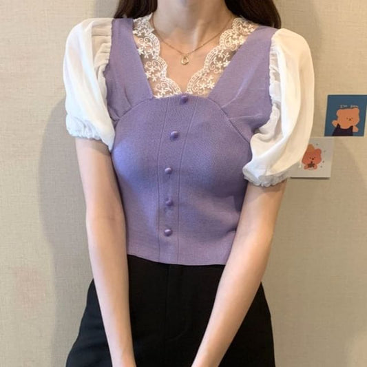 Short-Sleeve V-Neck Embroidered Button Panel Top