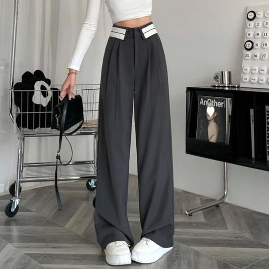 High Waist Striped Pleated Wide Leg Suit Pants