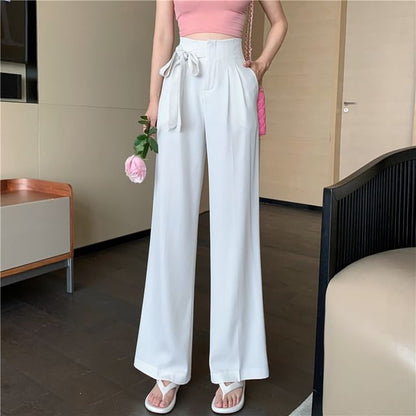 High Waist Plain Tie-Up Wide Leg Dress Pants