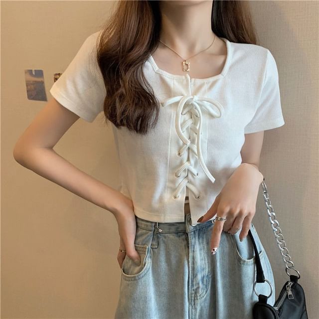 Short-Sleeve Square Neck Plain Lace Up Top