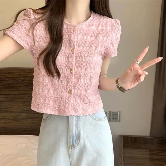 Short-Sleeve Round Neck Plain Frill Button Top