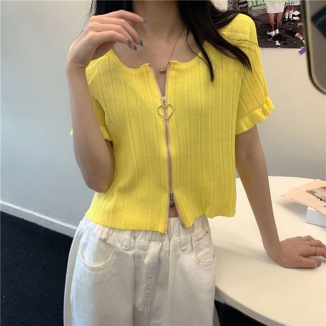 Short-Sleeve Round Neck Plain Ribbed Zip Cardigan
