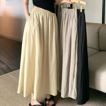 Elastic Waist Plain Maxi A-Line Skirt