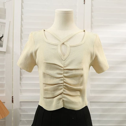 Short-Sleeve Notch Neck Plain Criss Cross Ruched Knit Top