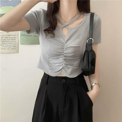 Short-Sleeve Notch Neck Plain Criss Cross Ruched Knit Top