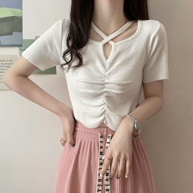 Short-Sleeve Notch Neck Plain Criss Cross Ruched Knit Top