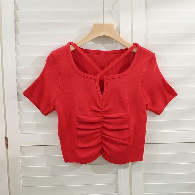 Short-Sleeve Notch Neck Plain Criss Cross Ruched Knit Top