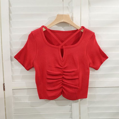 Short-Sleeve Notch Neck Plain Criss Cross Ruched Knit Top