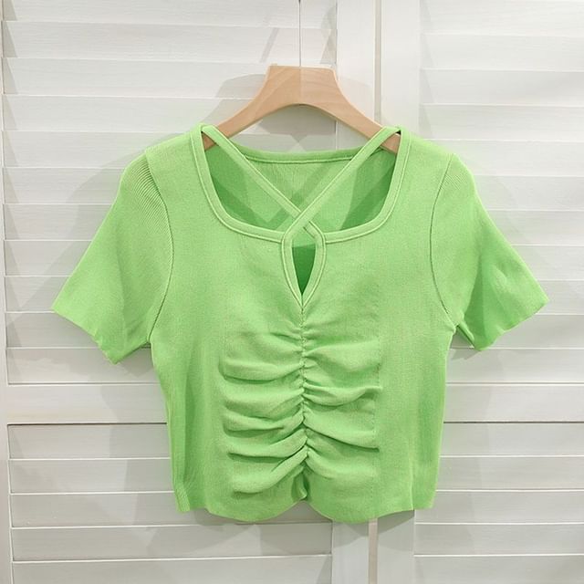 Short-Sleeve Notch Neck Plain Criss Cross Ruched Knit Top