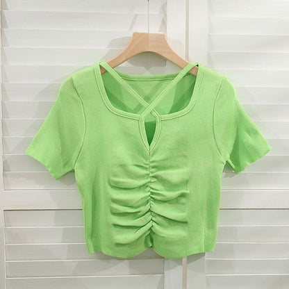 Short-Sleeve Notch Neck Plain Criss Cross Ruched Knit Top