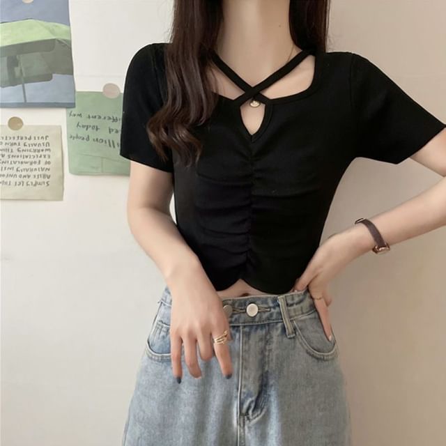 Short-Sleeve Notch Neck Plain Criss Cross Ruched Knit Top