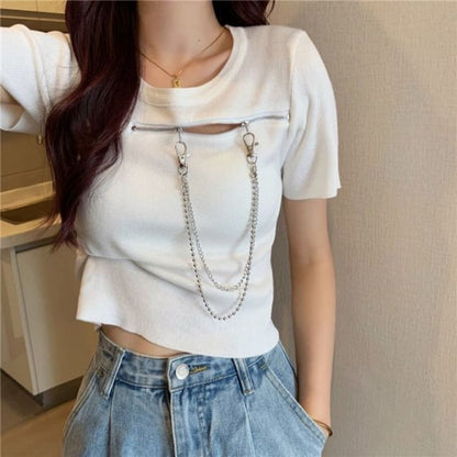 Short-Sleeve Crew Neck Plain Zip Chain T-Shirt