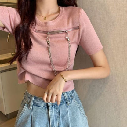 Short-Sleeve Crew Neck Plain Zip Chain T-Shirt