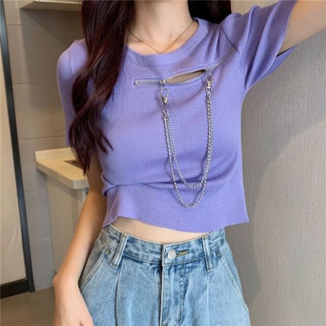 Short-Sleeve Crew Neck Plain Zip Chain T-Shirt