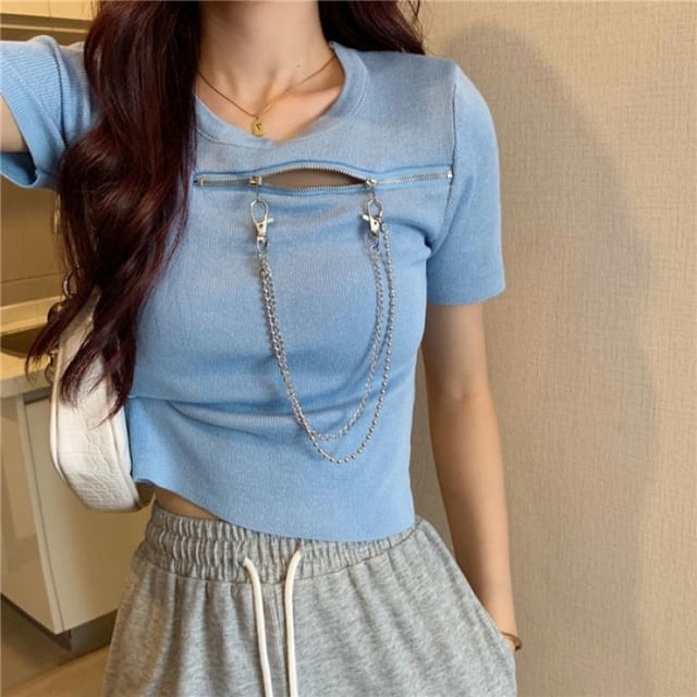 Short-Sleeve Crew Neck Plain Zip Chain T-Shirt